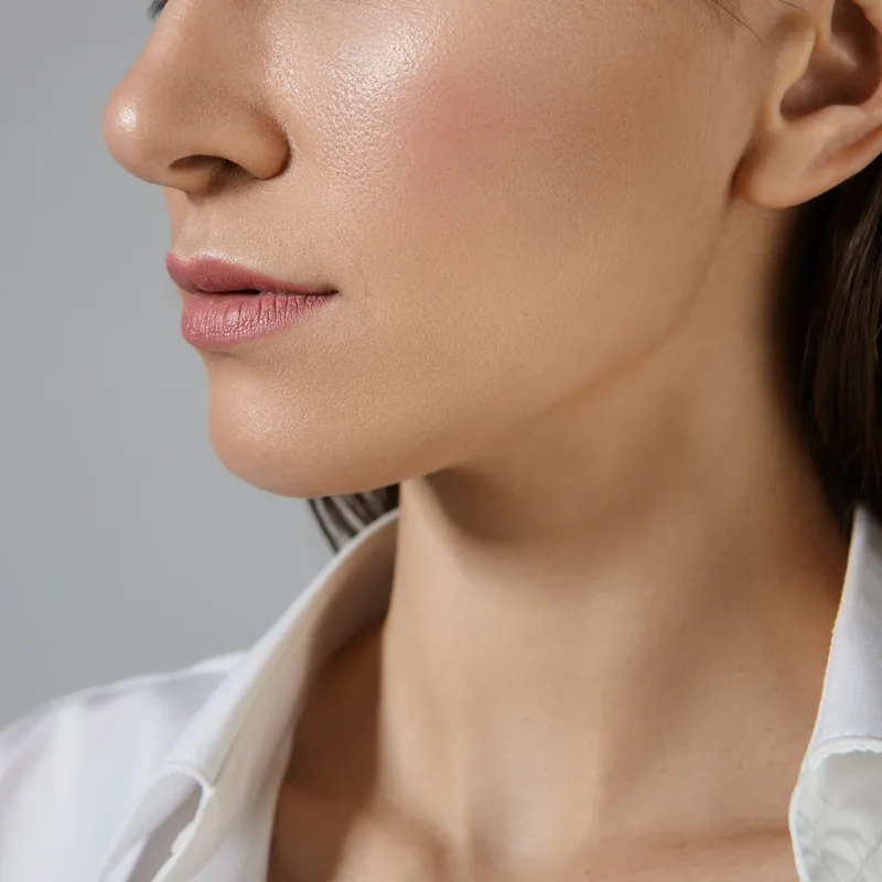 Close-up side profile showing a defined jawline and chin contour
